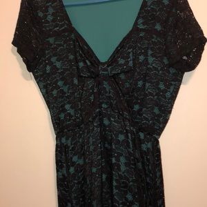 Blue with black lace overlay sweetheart neck dress